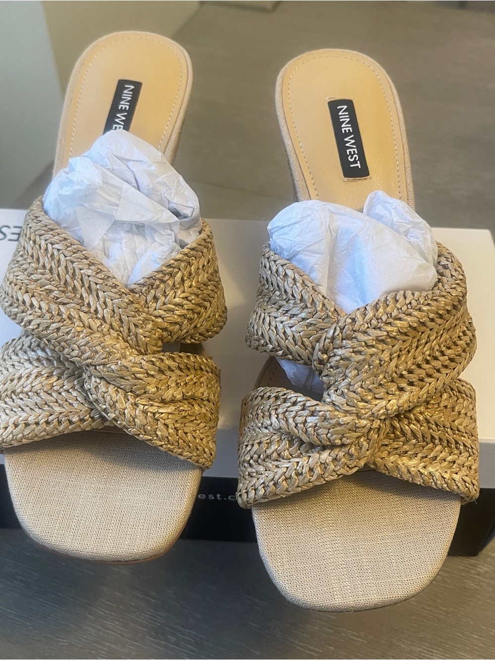 Nine West Tan Braided Raffia Wedge Sandals